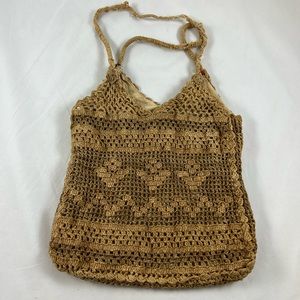 Creme netted string handle beach satchel bag